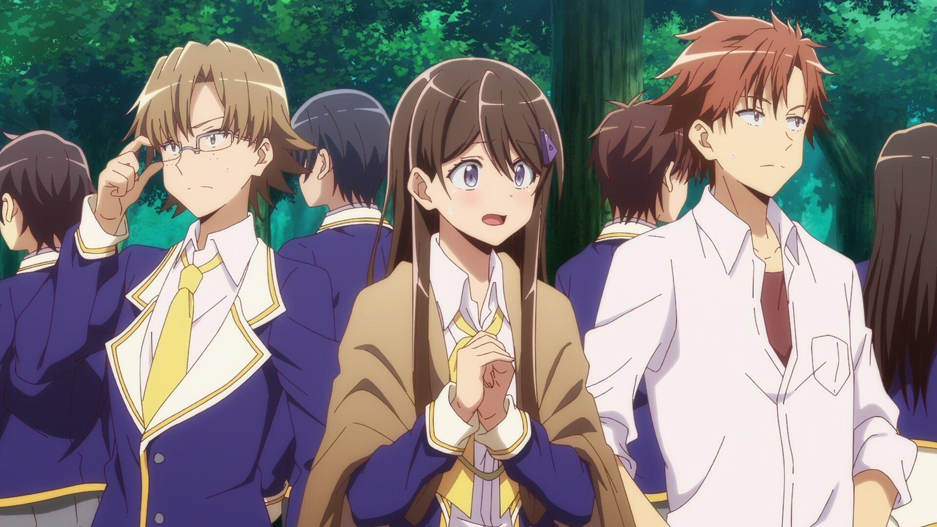 A vibrant HD wallpaper from Loner Life in Another World featuring characters in stylish outfits, set against a lush green forest backdrop, evoking a sense of adventure and camaraderie.