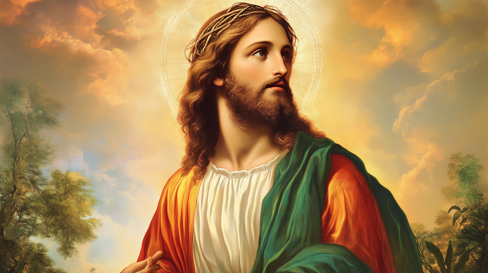 A serene HD desktop wallpaper featuring Jesus, portrayed with flowing hair and robes, set against a glowing sky, embodying a sense of peace and spirituality.