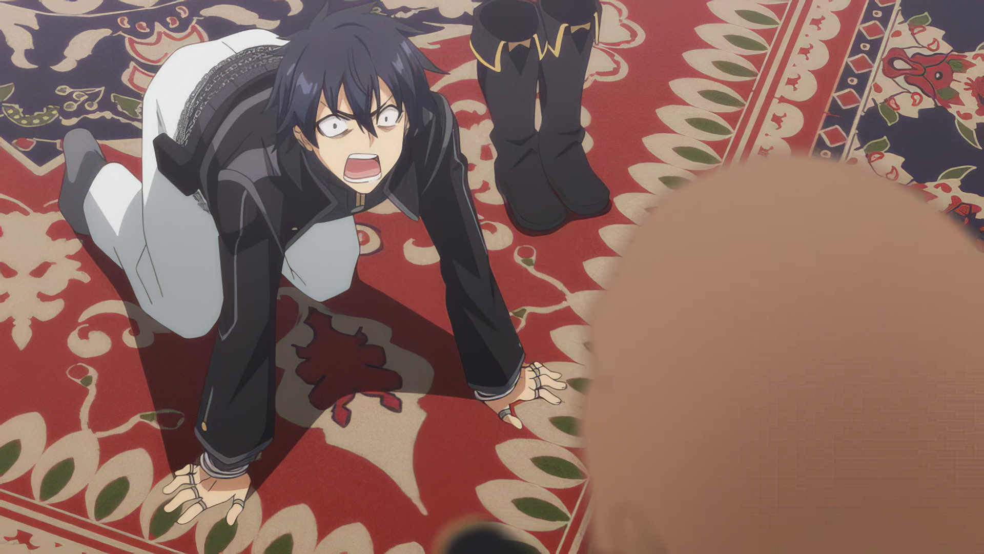 An expressive anime character from Let This Grieving Soul Retire! crawls on a decorated rug, displaying intense emotions, creating a captivating HD desktop wallpaper.
