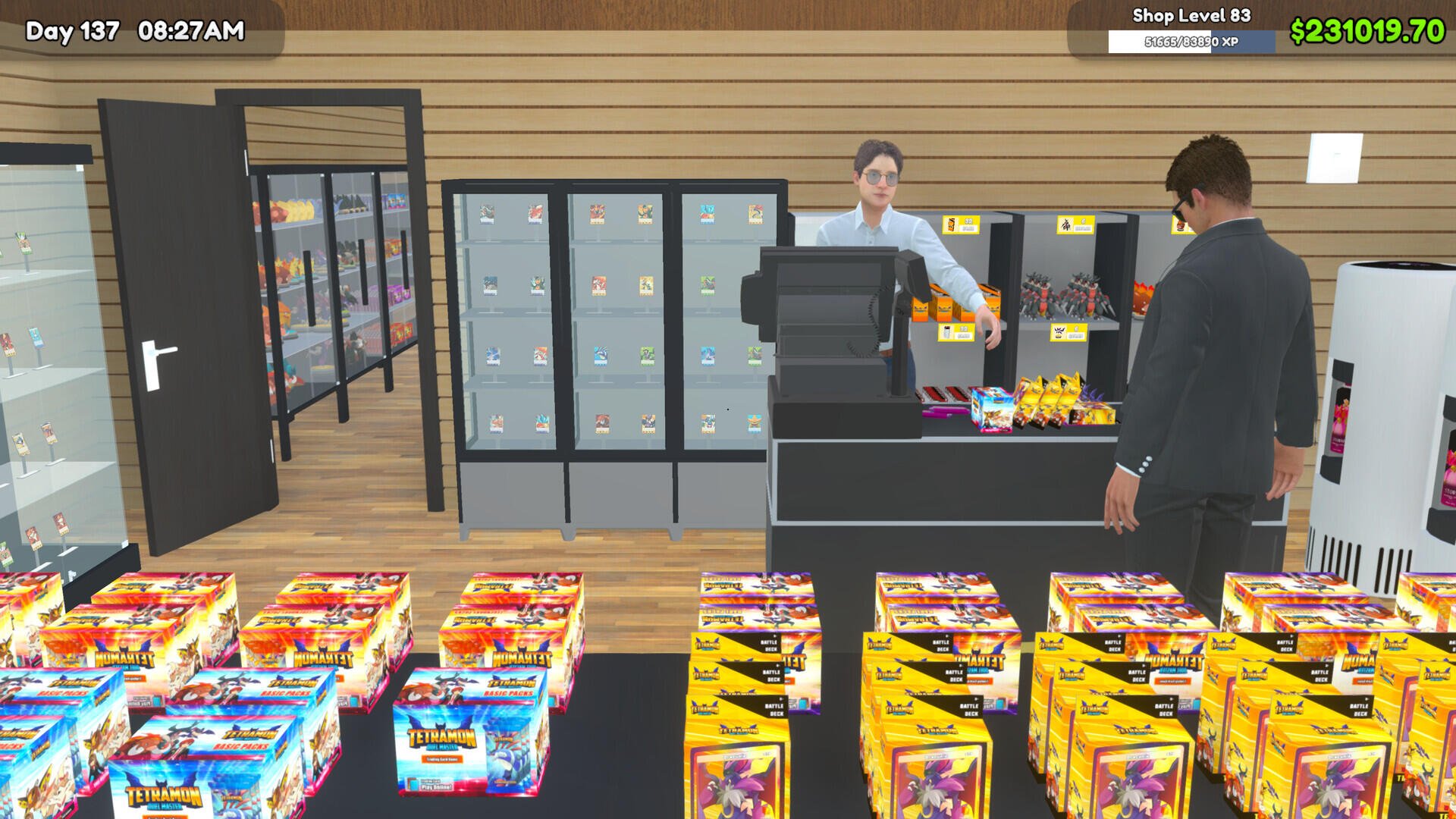 A vibrant HD wallpaper from the video game TCG Card Shop Simulator, featuring a card shop with colorful boxes and a cashier assisting a customer.