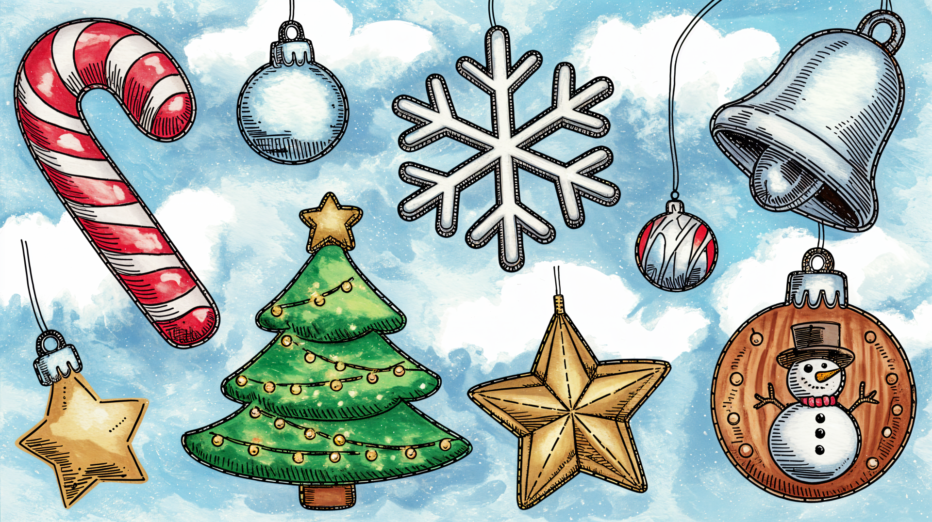 Colorful Christmas ornaments, including a tree, snowman, star, and candy cane, are illustrated against a soft blue background, creating a festive 4K Ultra HD desktop wallpaper.