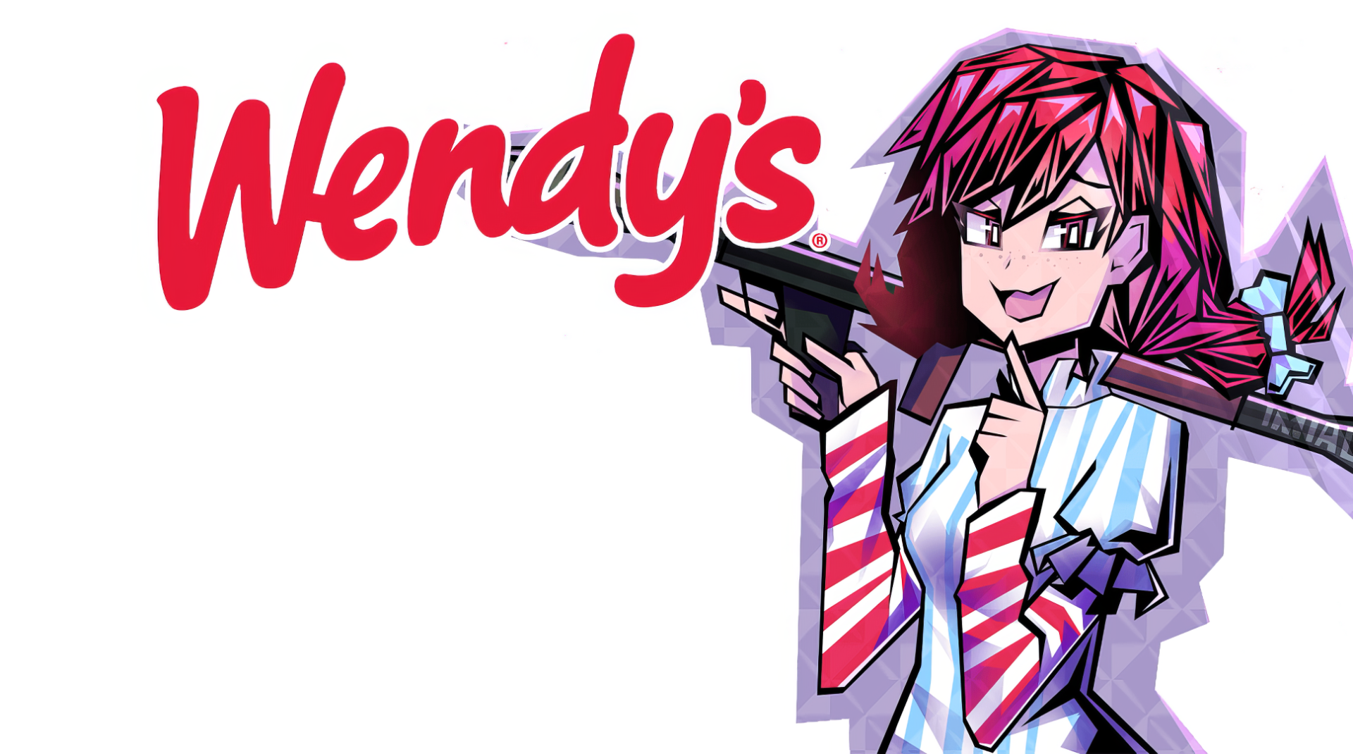 A vibrant HD desktop wallpaper featuring a stylized character representing Wendy's, playfully holding a gun, set against the brand's iconic logo.