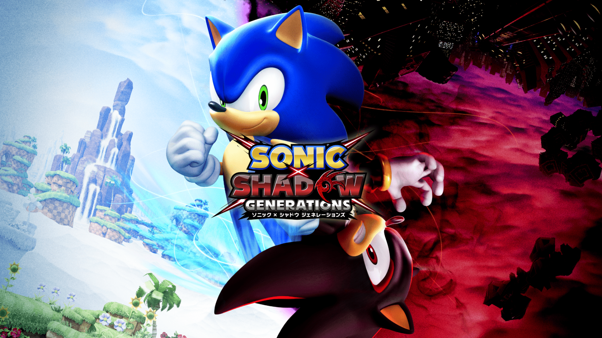 A vibrant HD desktop wallpaper featuring Sonic and Shadow from the video game Sonic X Shadow Generations, set against a dynamic background with contrasting colors.