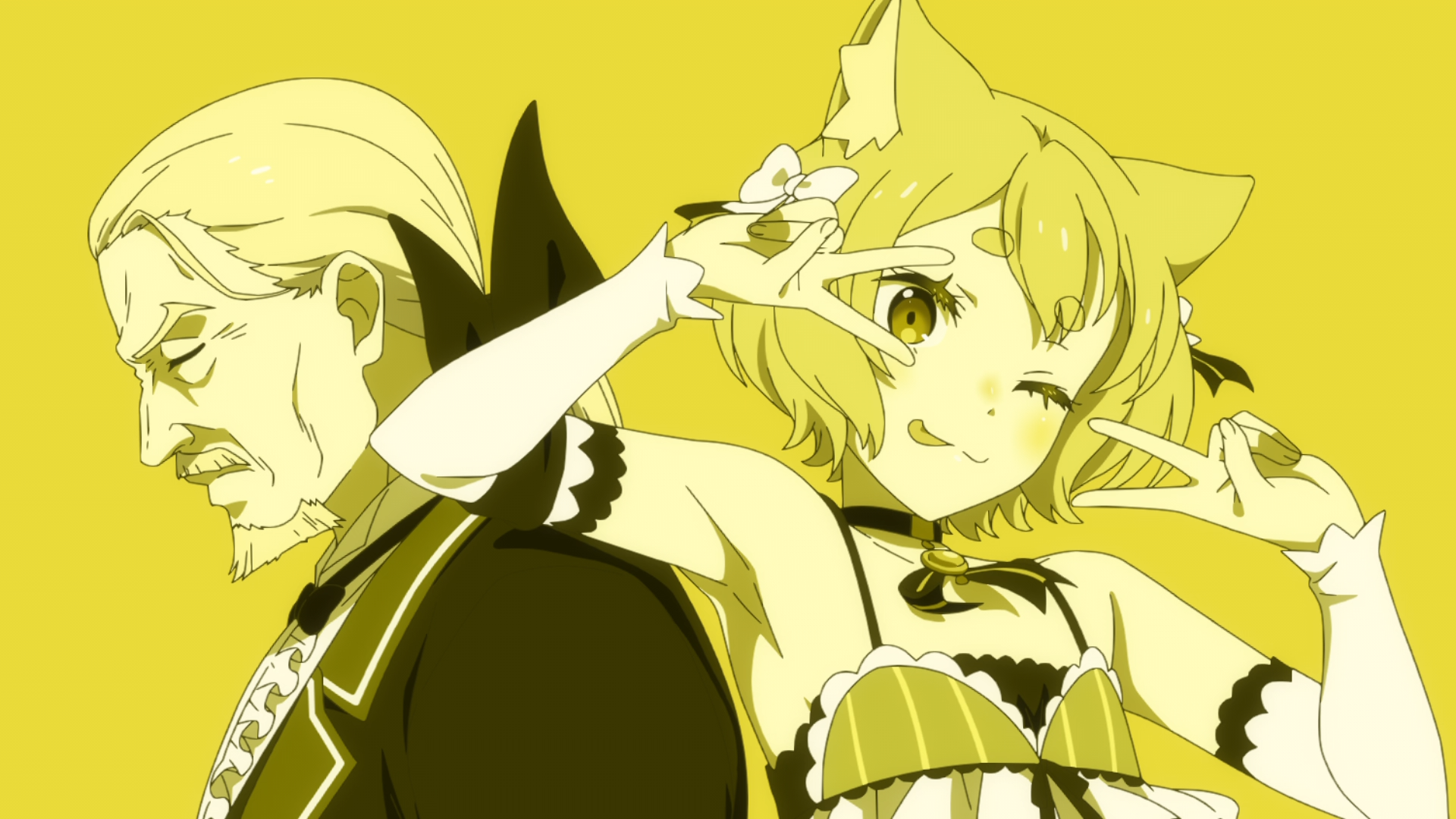 HD PC anime wallpaper from Re:Zero featuring Felix Argyle winking with cat ears and peace signs beside stern Wilhelm van Astrea on a vivid yellow background.