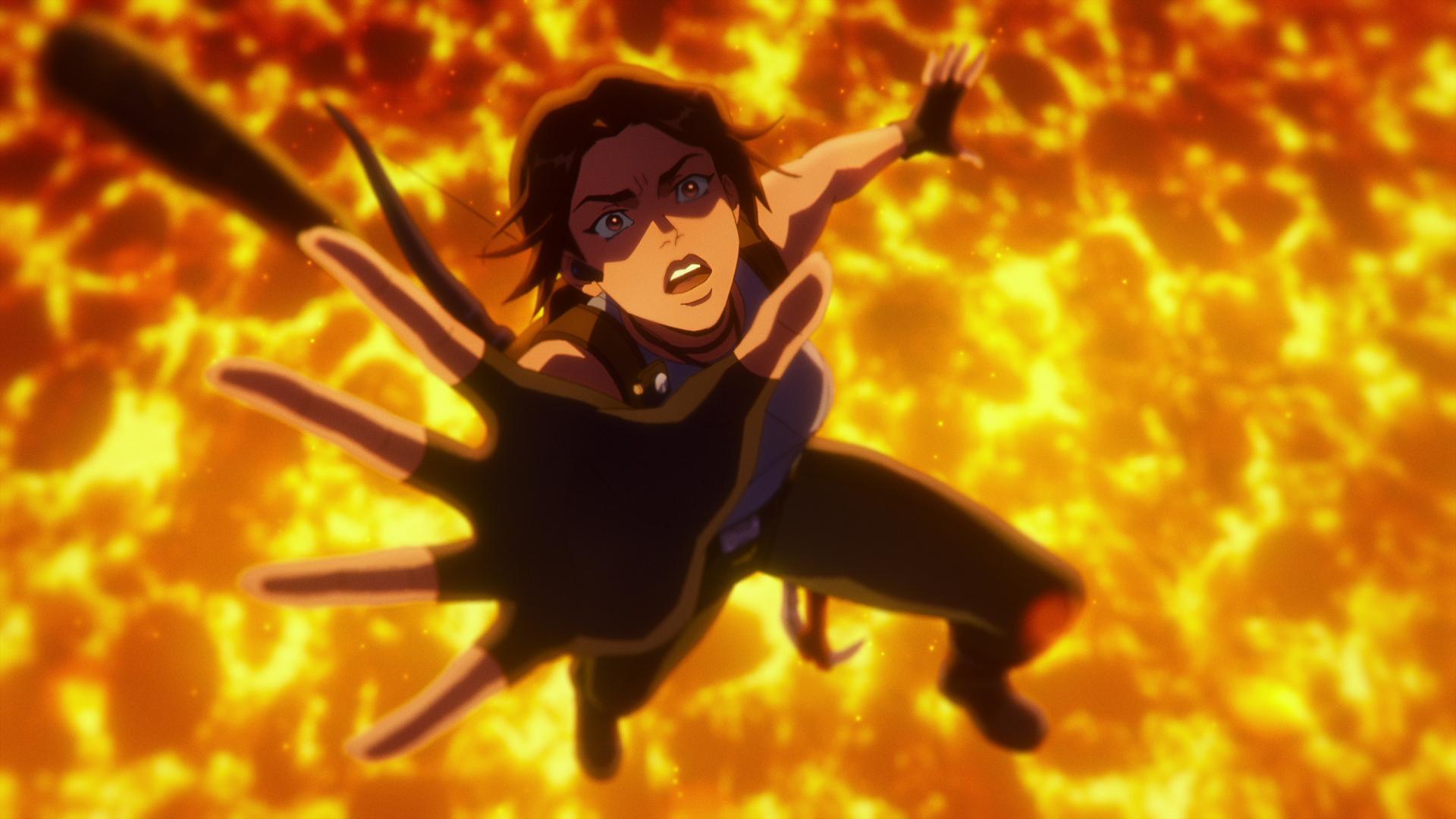 An intense anime-inspired image featuring Lara Croft from Tomb Raider: The Legend of Lara Croft, set against a fiery, dramatic background. High-definition wallpaper for PC use.