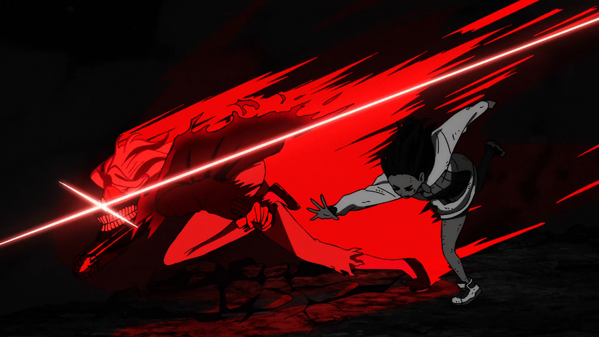 HD anime wallpaper featuring Ken Takakura and Momo Ayase from Dandadan in a dynamic red-lit action scene.