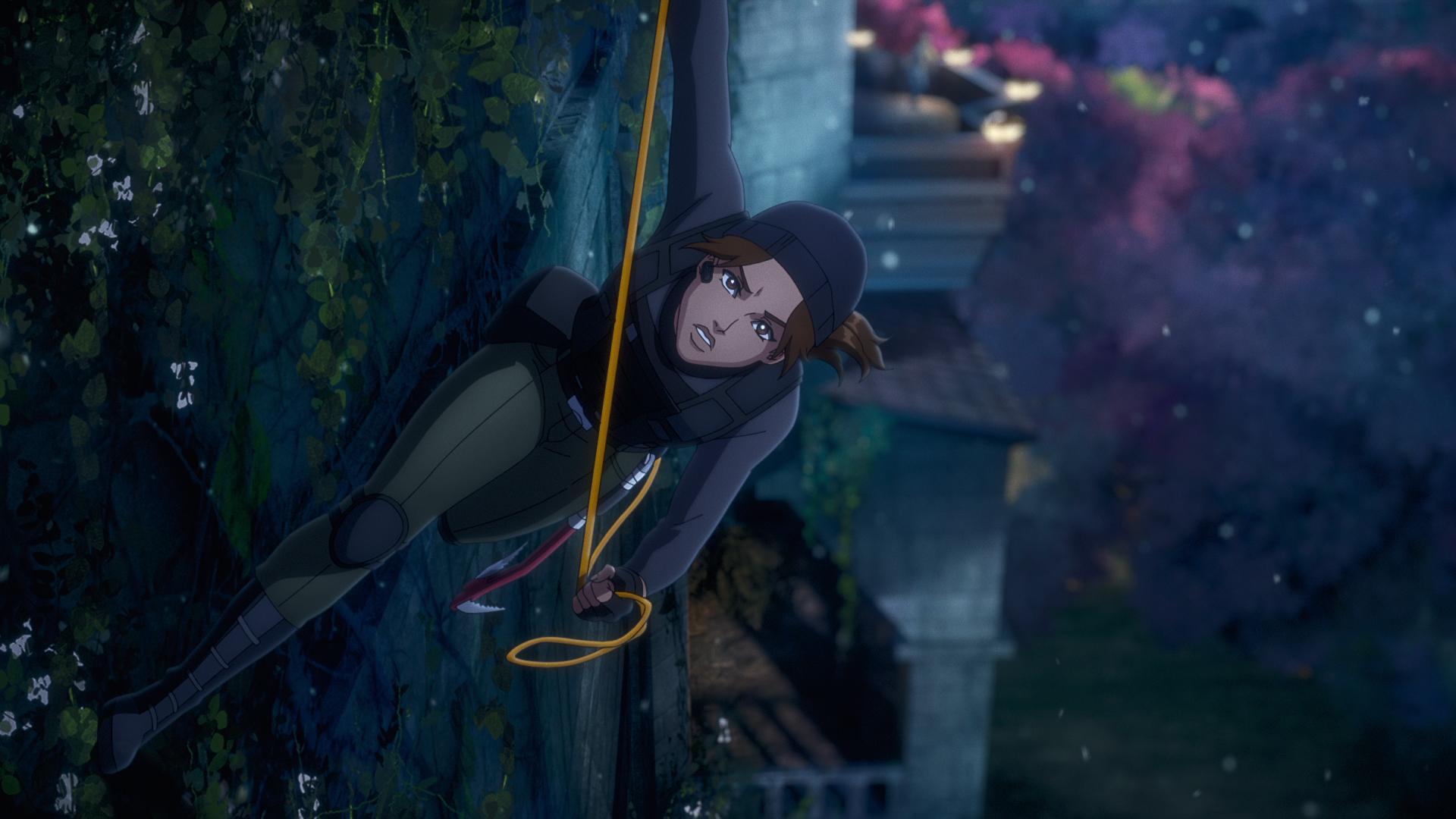 Anime-inspired HD wallpaper featuring Lara Croft from Tomb Raider: The Legend of Lara Croft, depicted as she skillfully climbs a rocky surface.