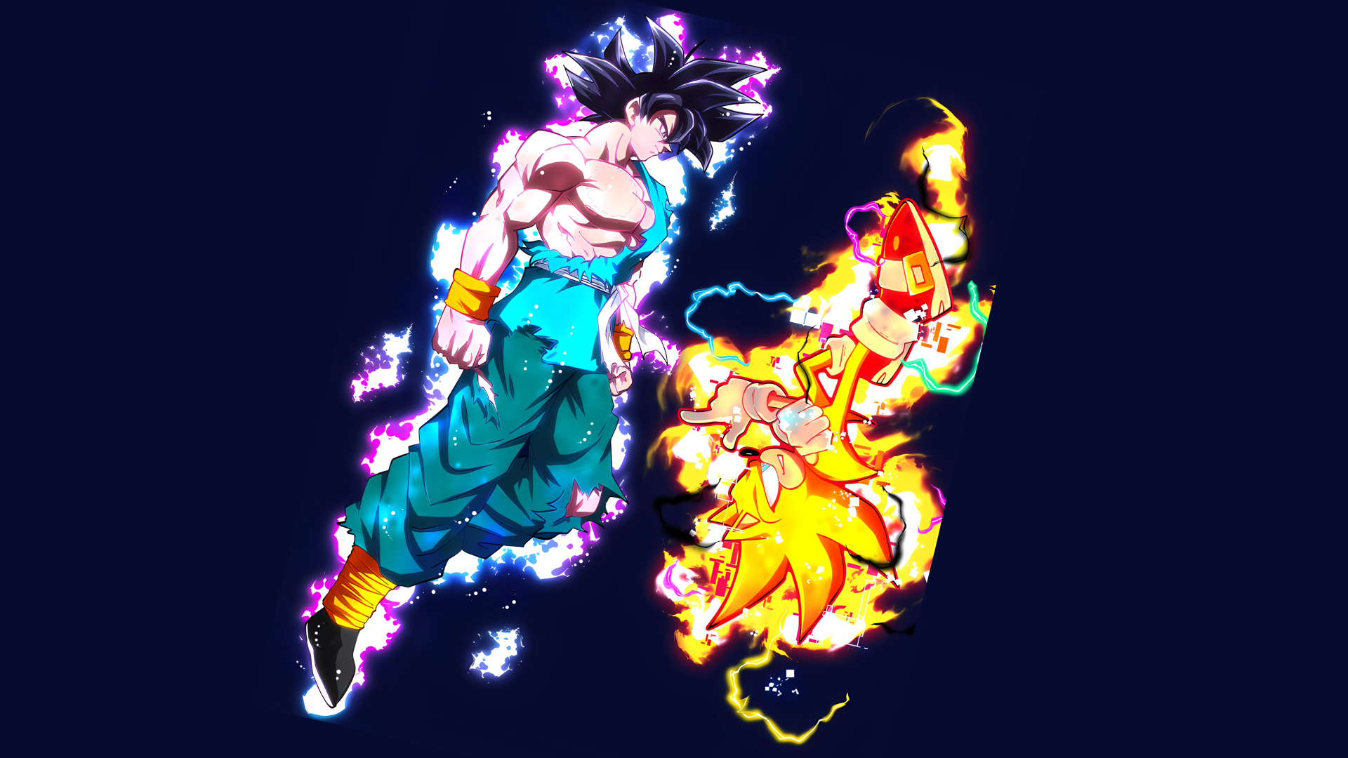 4K Ultra HD PC wallpaper featuring a dynamic crossover of Sonic the Hedgehog and Goku from Dragon Ball Super with vibrant energy effects on a dark background.