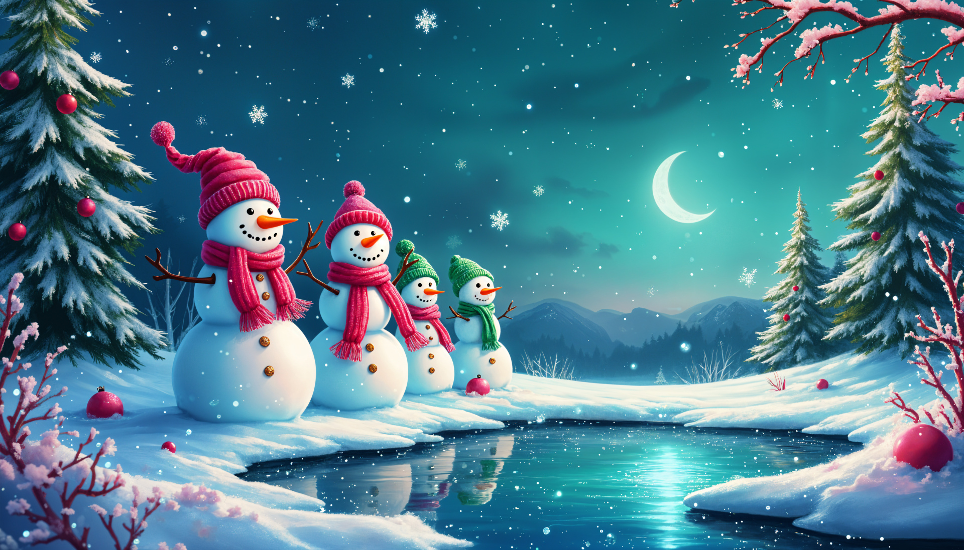 A serene winter night scene with a family of snowmen wearing colorful scarves and hats, standing by a reflective icy pond under a crescent moon in 4K Ultra HD.