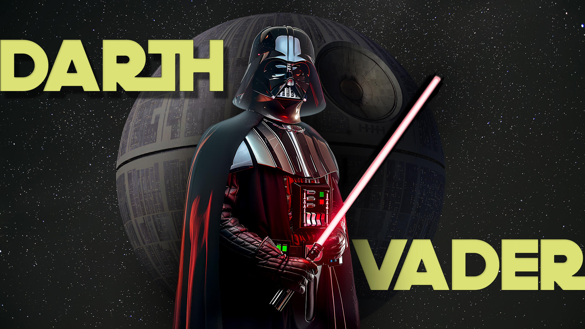 HD PC desktop wallpaper featuring Darth Vader from Star Wars, holding a red lightsaber with the Death Star in the background and bold yellow text spelling Darth Vader.