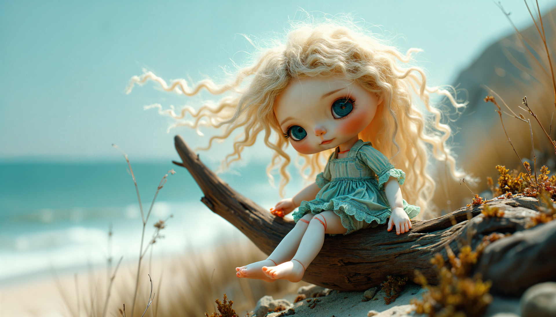 A whimsical doll with blonde, curly hair sits on a driftwood log by the beach, set against a serene ocean backdrop in this vibrant 4K Ultra HD desktop wallpaper.