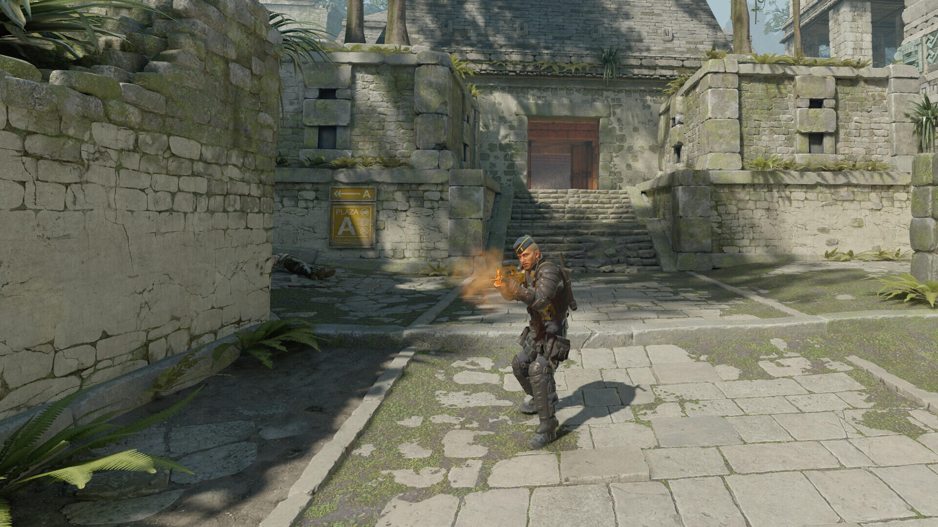 A dynamic scene from Counter-Strike 2, featuring a character in action amidst a textured, ancient environment, captured in high-definition for an immersive desktop wallpaper.