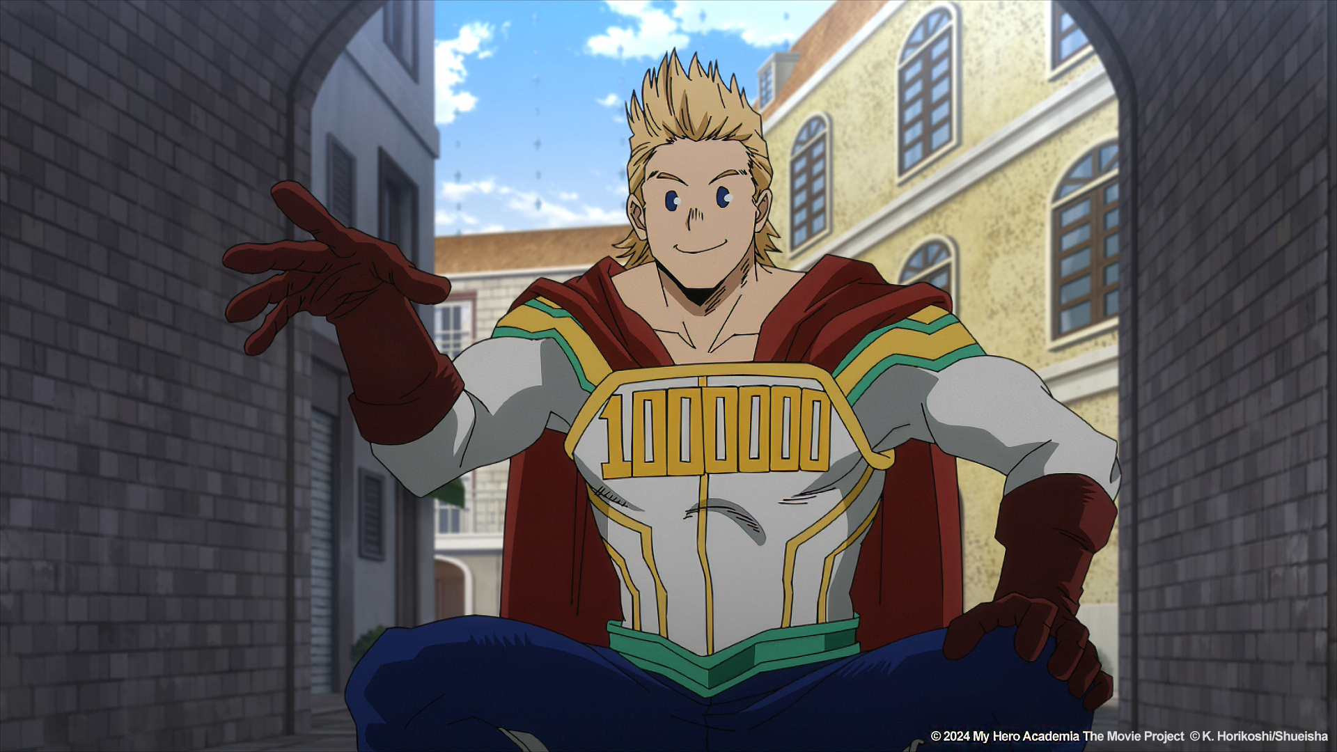 A vibrant HD wallpaper featuring Mirio Togata from My Hero Academia: You're Next, showcasing his cheerful expression and dynamic pose in an urban setting.