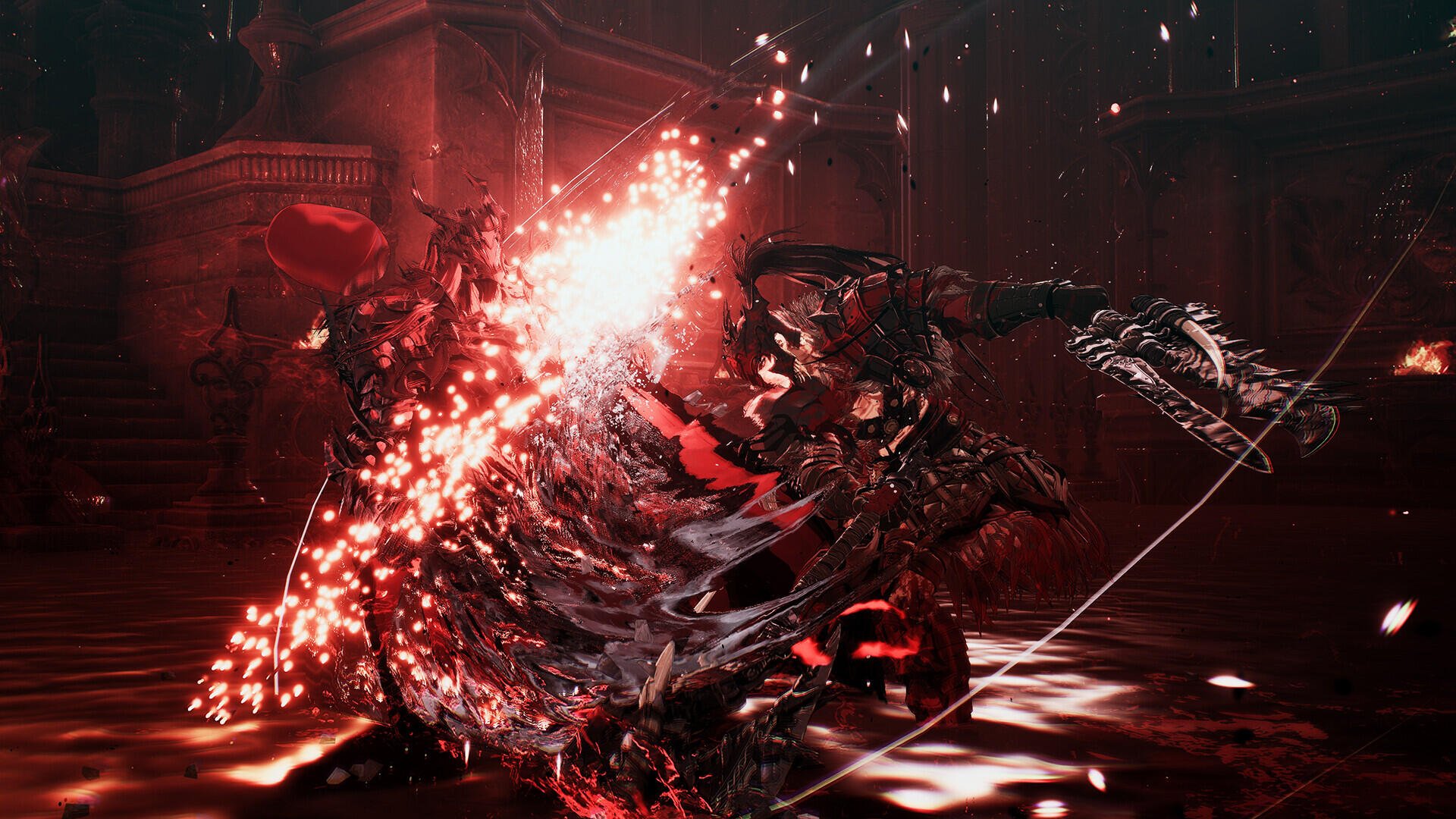 Dynamic scene from the video game The First Berserker: Khazan, showcasing intense combat with vivid splashes of red light, suitable as an HD PC Desktop Wallpaper and Background.