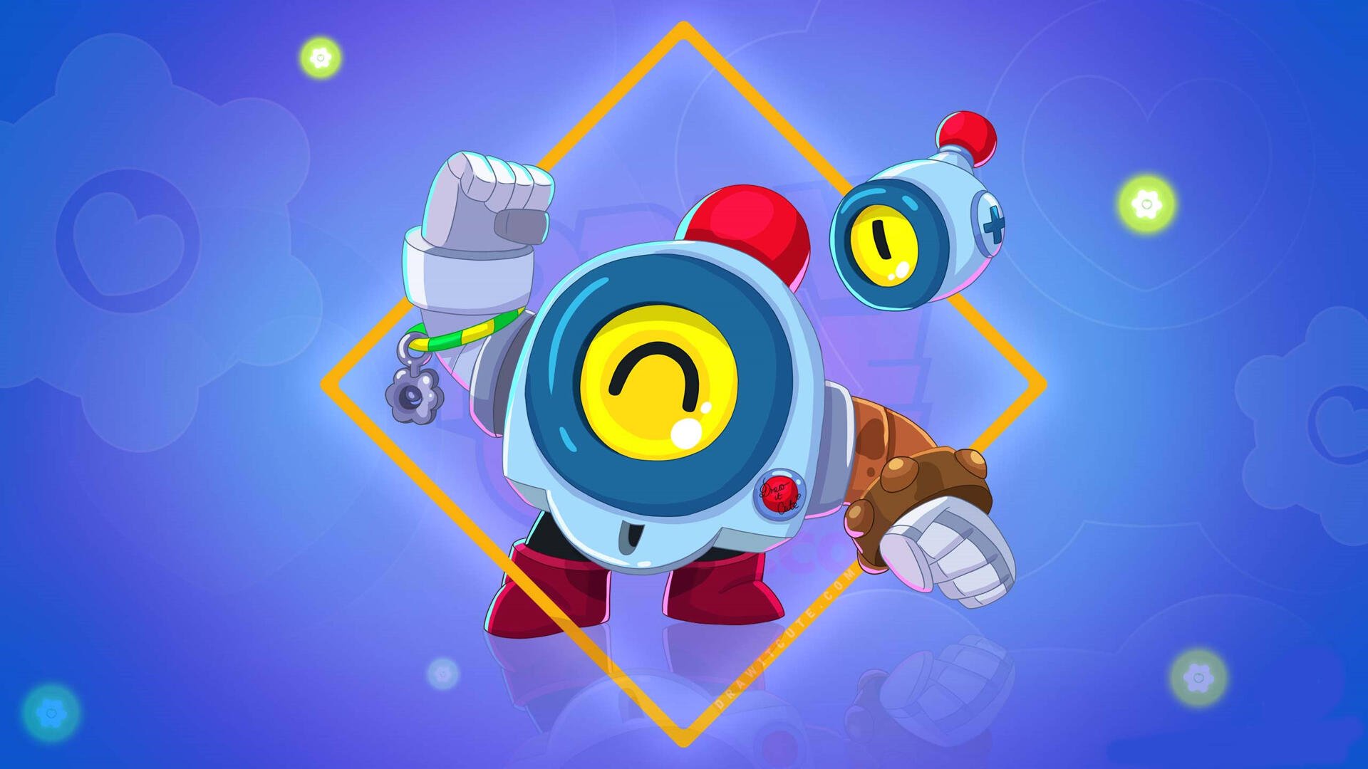 A vibrant 4K Ultra HD wallpaper featuring a character from Brawl Stars, showcasing a playful design with a blue color palette and distinctive round features against a colorful background.