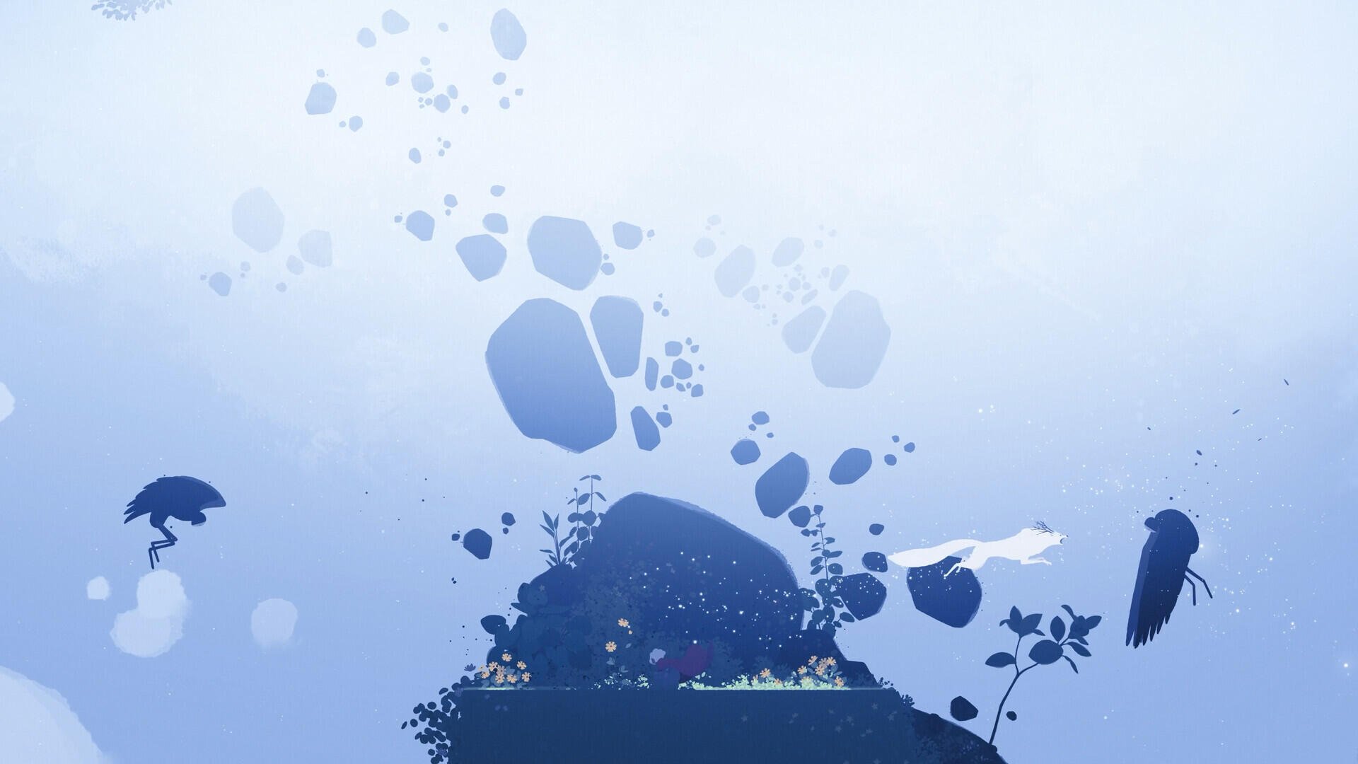 A serene HD PC desktop wallpaper featuring ethereal landscapes and aquatic elements, inspired by the video game Neva, with soft shades of blue and intricate details.