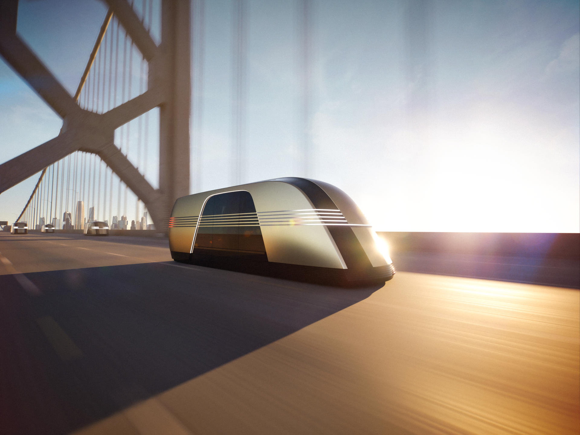 A sleek Tesla robovan glides along a sunlit road, framed by a bridge, showcasing futuristic design in this stunning 8K Ultra HD wallpaper.