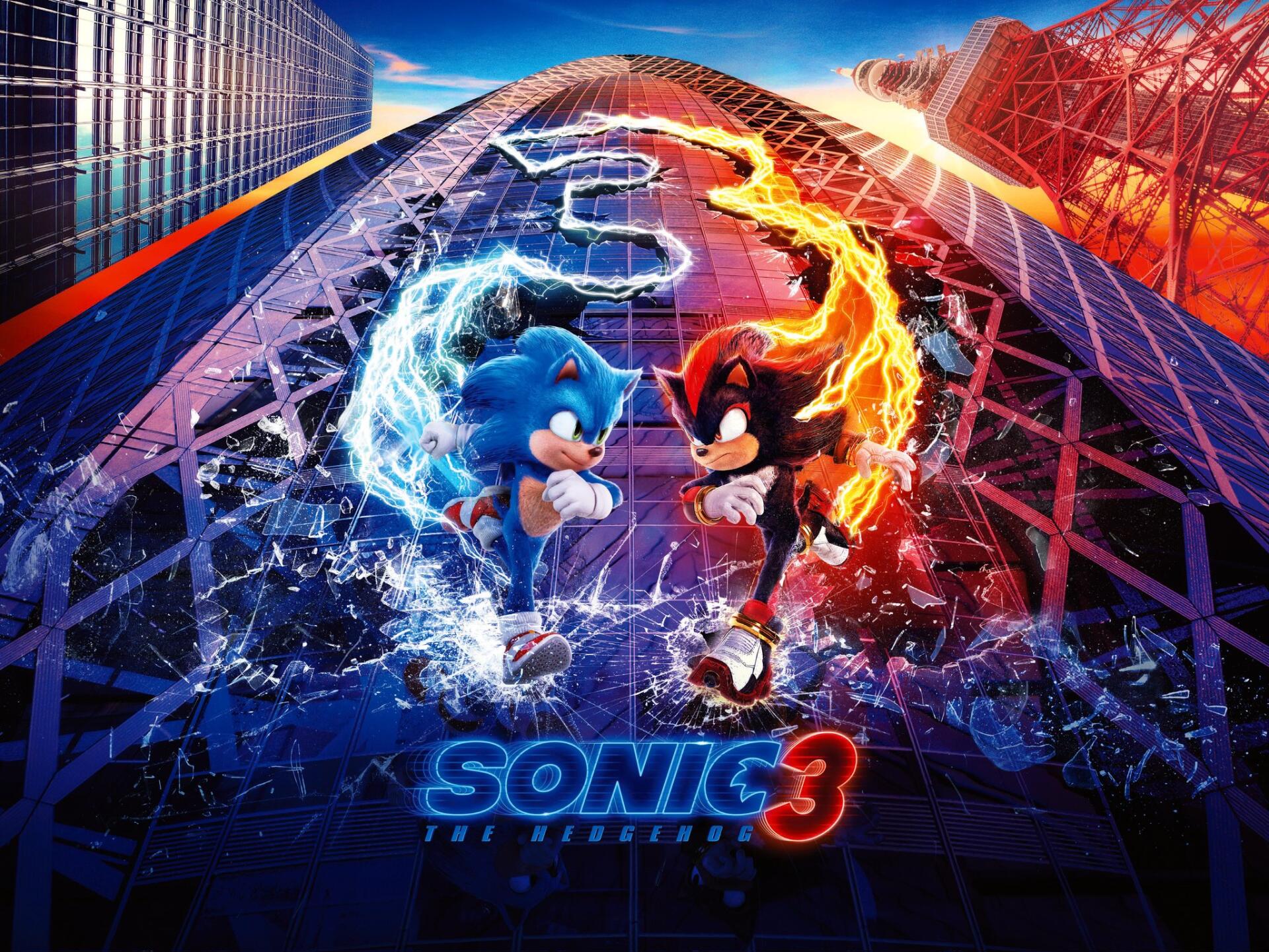 HD PC desktop wallpaper featuring Sonic the Hedgehog 3 with Sonic and Shadow facing off amid vivid blue and orange energy effects.