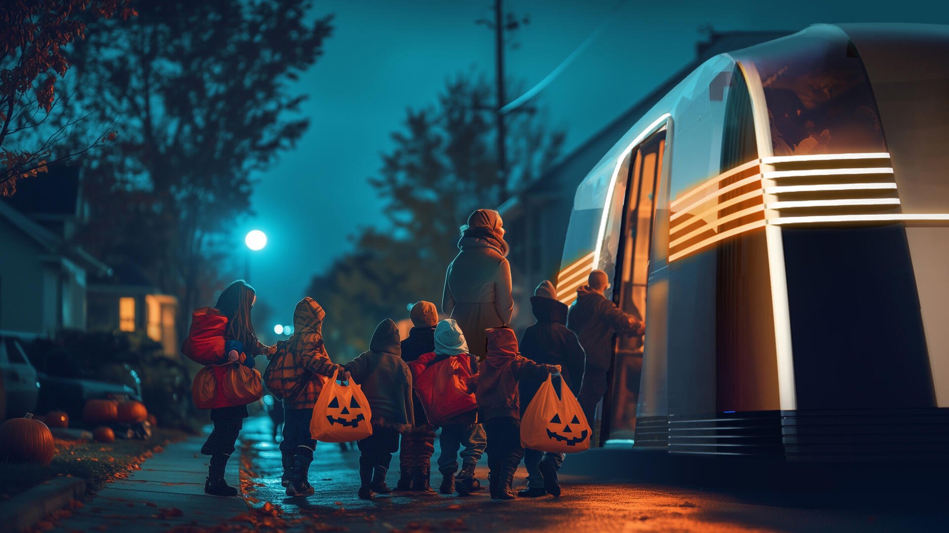 A group of children in Halloween costumes gather around a futuristic Tesla robovan, illuminated by soft streetlights on a cool, autumn evening. 4K Ultra HD desktop wallpaper.