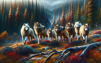 A striking HD desktop wallpaper featuring a wolf pack walking through a vibrant forest landscape, showcasing the beauty and strength of these majestic animals.