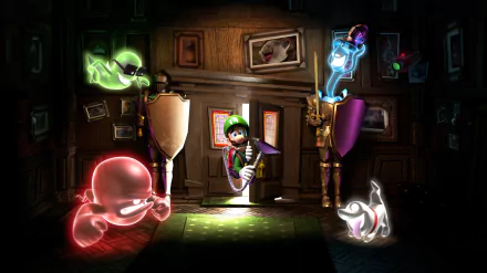 Luigi's Mansion 2 themed HD desktop wallpaper and background showcasing spooky mansion setting with Luigi in green uniform.