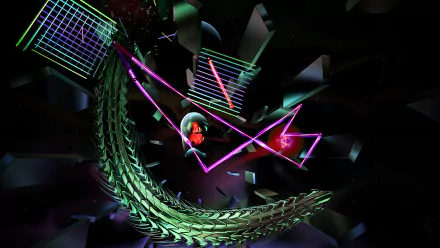 A vibrant HD desktop wallpaper from the video game Thrasher (2024), featuring dynamic geometric shapes and neon colors set against a dark, cosmic background.
