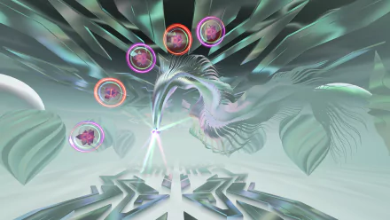 A captivating HD desktop wallpaper for the video game Thrasher (2024), featuring abstract shapes, vibrant colors, and dynamic elements that evoke a futuristic atmosphere.