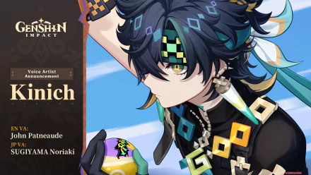An HD desktop wallpaper featuring Kinich from Genshin Impact, showcasing vibrant colors and detailed design, along with a voice artist announcement on the left side.