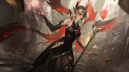 LeBlanc from League of Legends stands confidently in this HD wallpaper, showcasing her striking black and red attire with magical elements swirling around her.