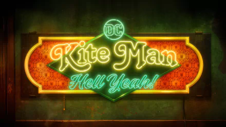 A vibrant neon sign featuring Kite Man: Hell Yeah! highlights the DC TV show, creating a striking HD desktop wallpaper and background.