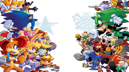 Vibrant 4K Ultra HD wallpaper featuring Sonic the Hedgehog and characters from Sonic the Comic and Sonic Universe, divided into two dynamic groups facing each other.