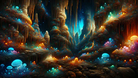 A vibrant cavern scene filled with colorful luminescent mushrooms and glistening stalactites, creating a mesmerizing HD wallpaper background that captivates the eye.