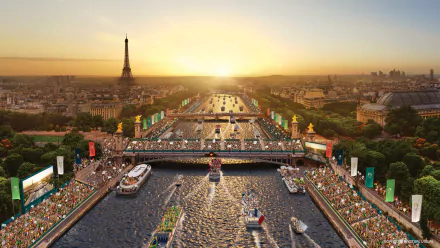 A vibrant HD wallpaper showcasing the Paris 2024 Olympic Games, featuring the Eiffel Tower, a bustling crowd along the Seine, and boats on the river under a stunning sunset.