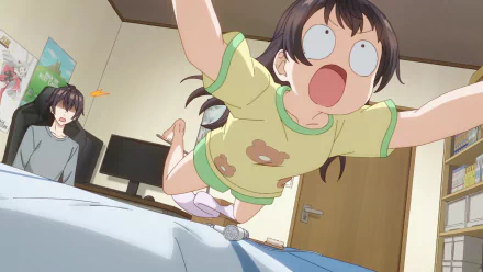 Anime HD wallpaper of Yuki Suou from Alya Sometimes Hides Her Feelings in a lively scene with expressive poses in a bedroom setting.