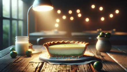 A beautifully lit key lime pie sits on a rustic table, surrounded by fresh limes and a jar, creating a warm and inviting atmosphere in this HD desktop wallpaper.
