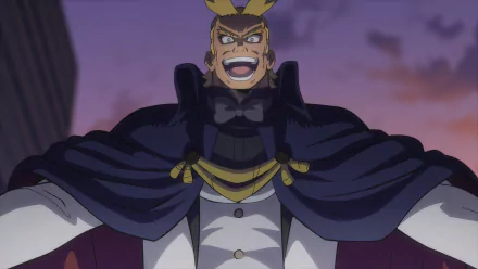 A dynamic HD desktop wallpaper featuring a character from My Hero Academia: You're Next, showcasing a confident figure with a striking yellow hairstyle and a flamboyant cape.