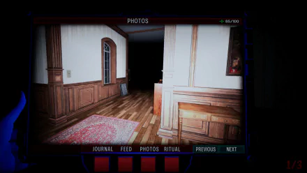 An HD wallpaper from the video game DEATHWATCHERS, showcasing a dimly lit hallway with wooden panels and a patterned rug, enhancing its eerie atmosphere.