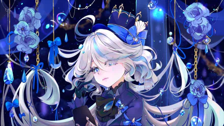 HD PC desktop wallpaper featuring Furina from Genshin Impact, surrounded by intricate blue floral and jewel-like decorations against a dark, enchanting background.