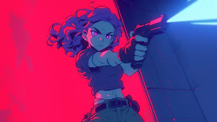 An anime girl in a dynamic pose wields a gun, set against a vibrant, neon background. This HD wallpaper showcases striking colors and action.