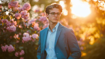 A preppy man stands amidst blooming flowers, bathed in warm sunset light, creating an elegant and serene desktop wallpaper background.