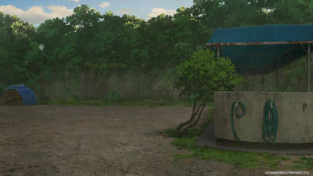 A serene outdoor scene from the anime Too Many Losing Heroines! features a rustic area with dirt, greenery, and a shaded structure, creating a peaceful HD desktop wallpaper.