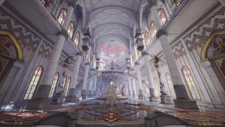 A stunning HD wallpaper from the video game Sword and Fairy 7, showcasing a grand palace interior with vibrant stained glass and intricate architectural details.