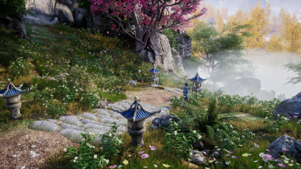 A vibrant landscape from the video game Sword and Fairy 7, featuring lush greenery, cherry blossoms, and misty hills, captured in stunning 4K Ultra HD quality.