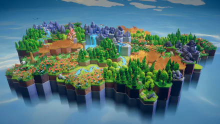 A vibrant HD desktop wallpaper showcasing a beautifully designed video game landscape with lush forests, waterfalls, and colorful terrains. Experience the essence of nature's preservation in gaming.