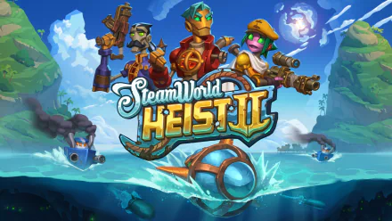 A vibrant HD wallpaper featuring characters from SteamWorld Heist II, set against a scenic backdrop of islands and ships, showcasing the game's adventurous spirit and unique art style.