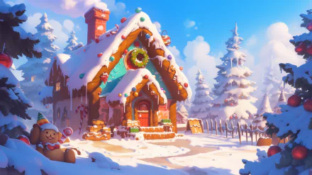 A vibrant gingerbread house adorned with colorful candies, set against a festive backdrop. This HD desktop wallpaper adds a cheerful touch to any screen.