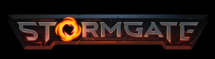 High-definition desktop wallpaper featuring the logo of the video game Stormgate, showcasing bold lettering and a fiery emblem against a textured background.