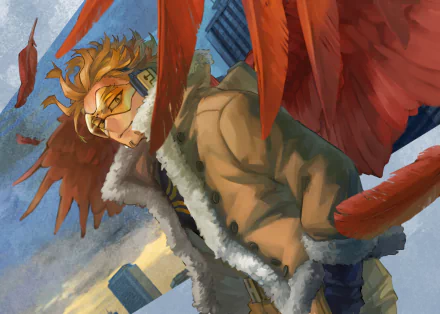 HD anime wallpaper featuring Hawks from My Hero Academia soaring with his vibrant red wings against a cityscape background.