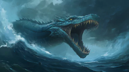 A dramatic fantasy sea serpent emerges from turbulent waves, its fierce jaws wide open, set against a stormy sky. This HD artwork serves as an engaging desktop wallpaper.