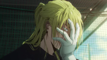 An HD desktop wallpaper featuring an anime character from Oblivion Battery, showing a dramatic expression with hand partially covering their face against a textured background.